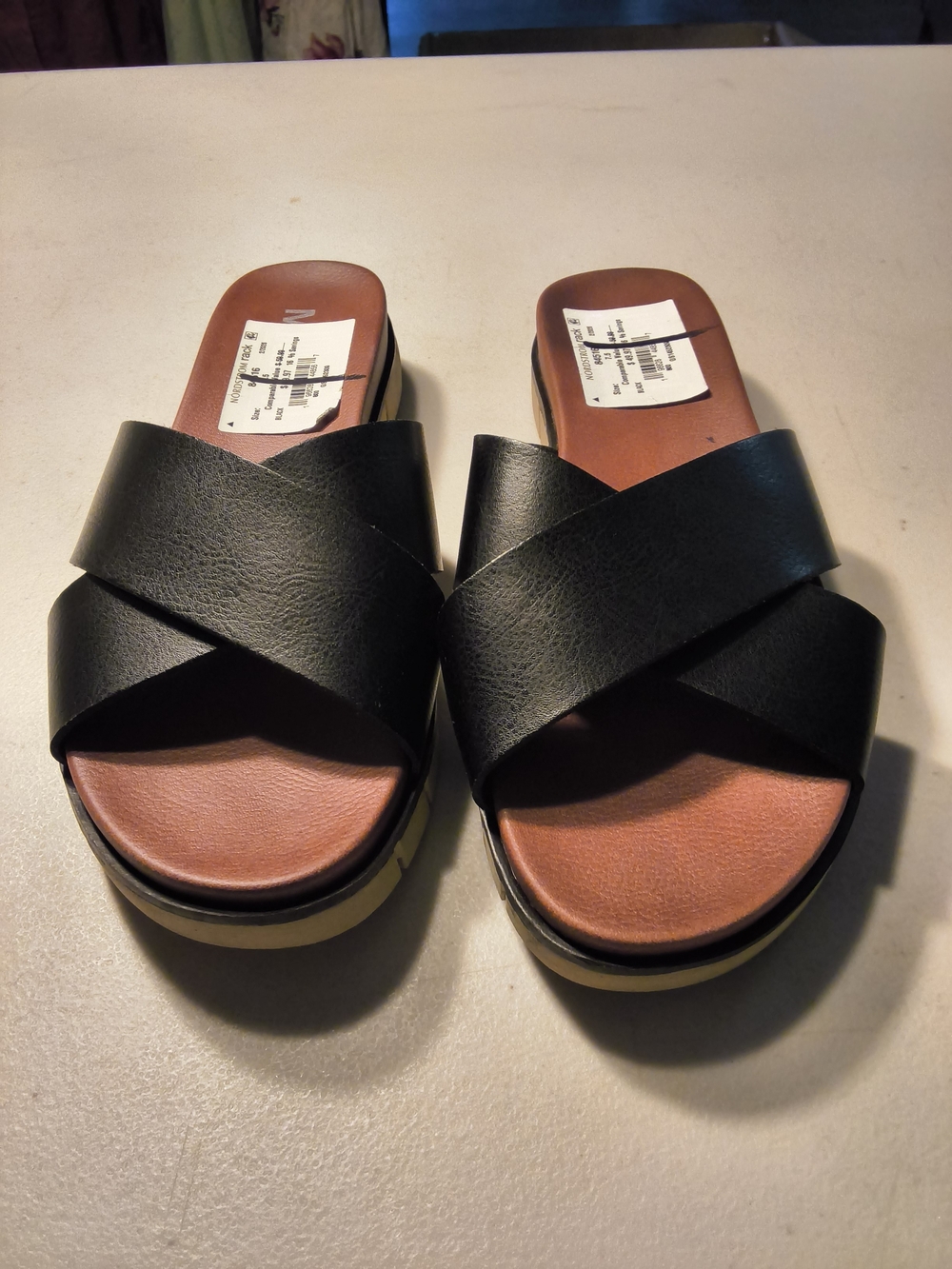 MIA Black Cross-Band Slide Sandals with Brown Footbed New Without Box